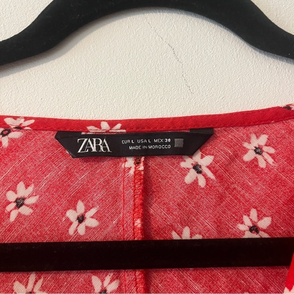 Zara Top Red floral tie front Cropped balloon‎ sleeves Size Large Linen blend - Picture 3 of 8